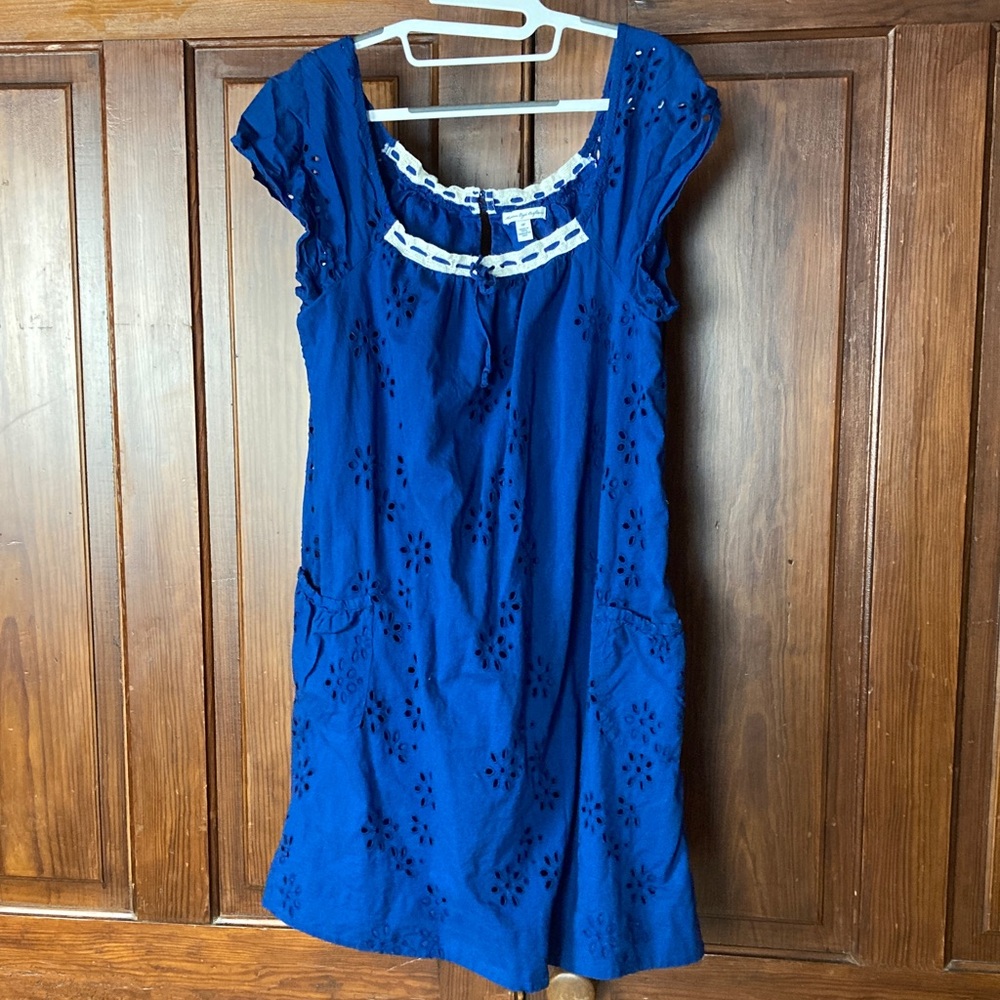 American Eagle Outfitters Blue Eyelet 100% Cotton Lined Shift Mini Dress Size 14